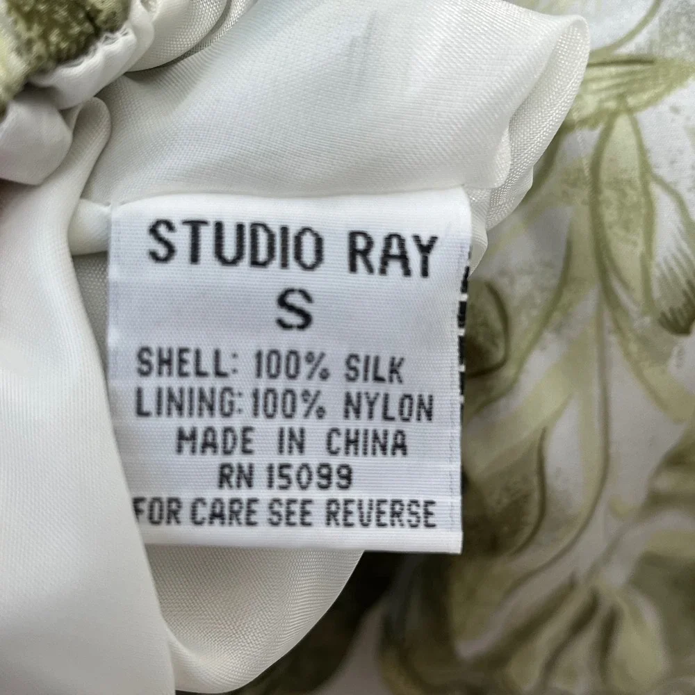 Studio Ray River Edge Womens Small Silk Bomber Jacket Green Floral‎ Tropical Zip